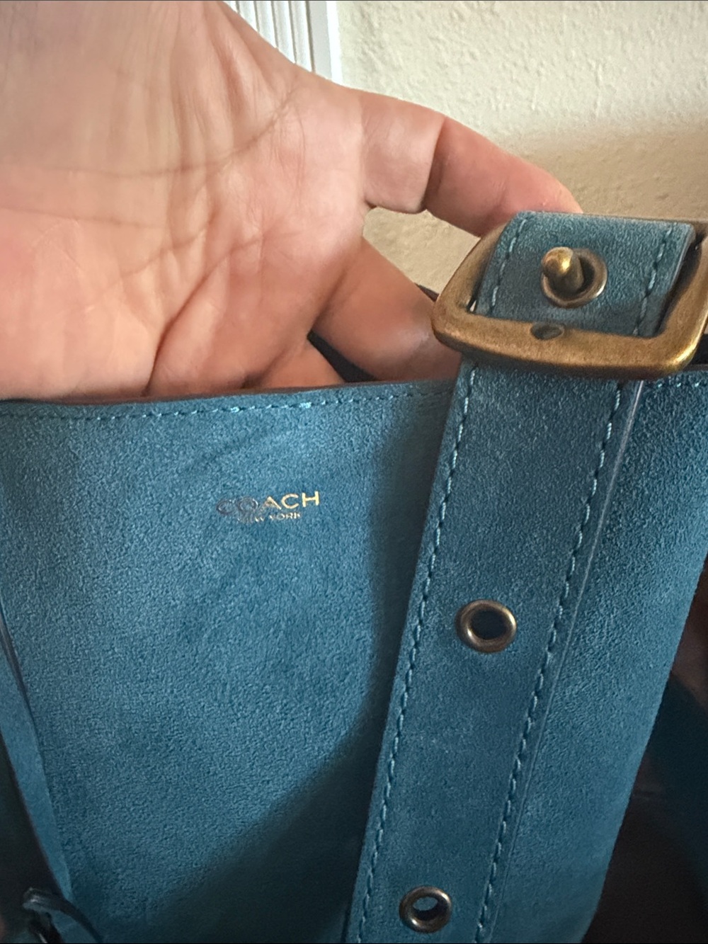 COACH Teal Suede Bucket Bag with Wide Adjustable Strap - Picture 4 of 11